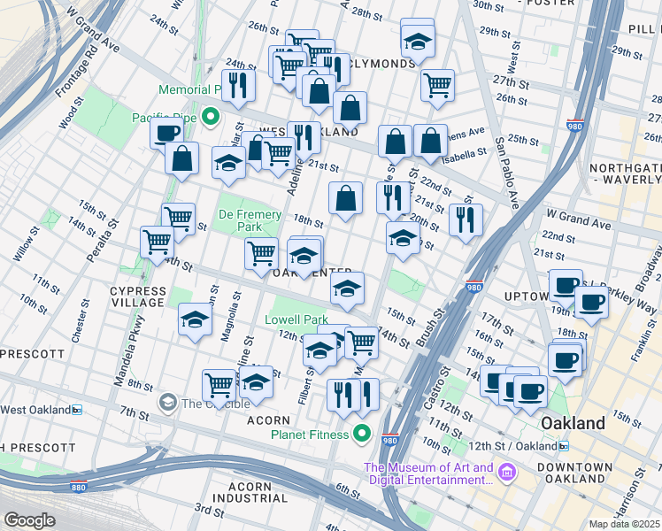 map of restaurants, bars, coffee shops, grocery stores, and more near 1014 16th Street in Oakland