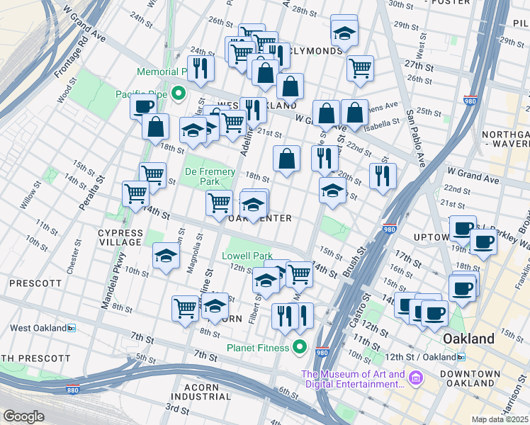 map of restaurants, bars, coffee shops, grocery stores, and more near 1014 16th Street in Oakland