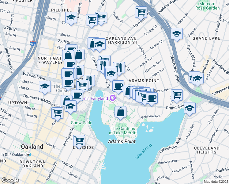map of restaurants, bars, coffee shops, grocery stores, and more near 330 Park View Terrace in Oakland