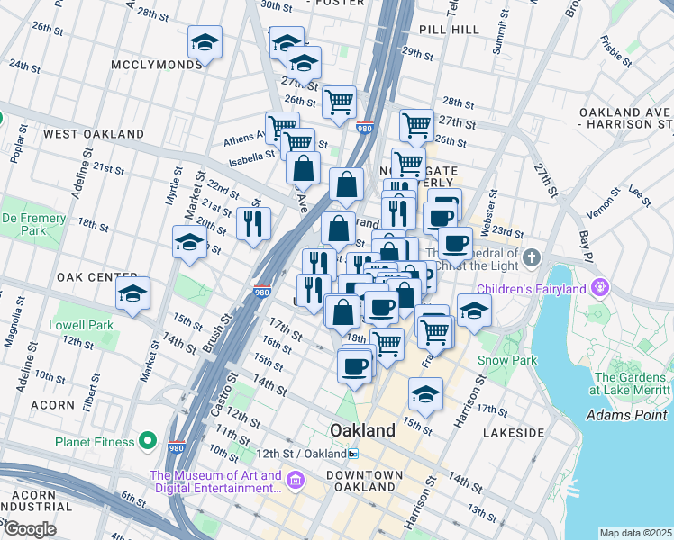 map of restaurants, bars, coffee shops, grocery stores, and more near 630 Thomas L Berkley Way in Oakland