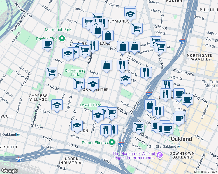 map of restaurants, bars, coffee shops, grocery stores, and more near 960 16th Street in Oakland
