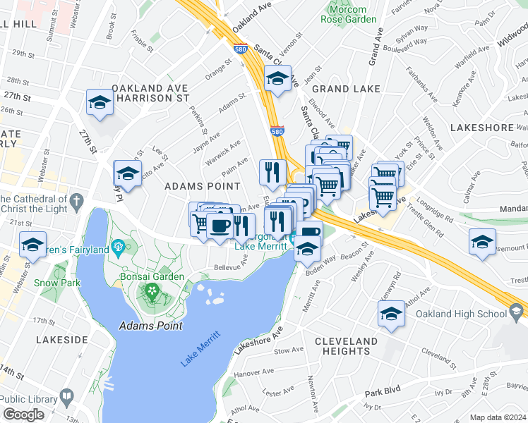 map of restaurants, bars, coffee shops, grocery stores, and more near 407 Euclid Avenue in Oakland