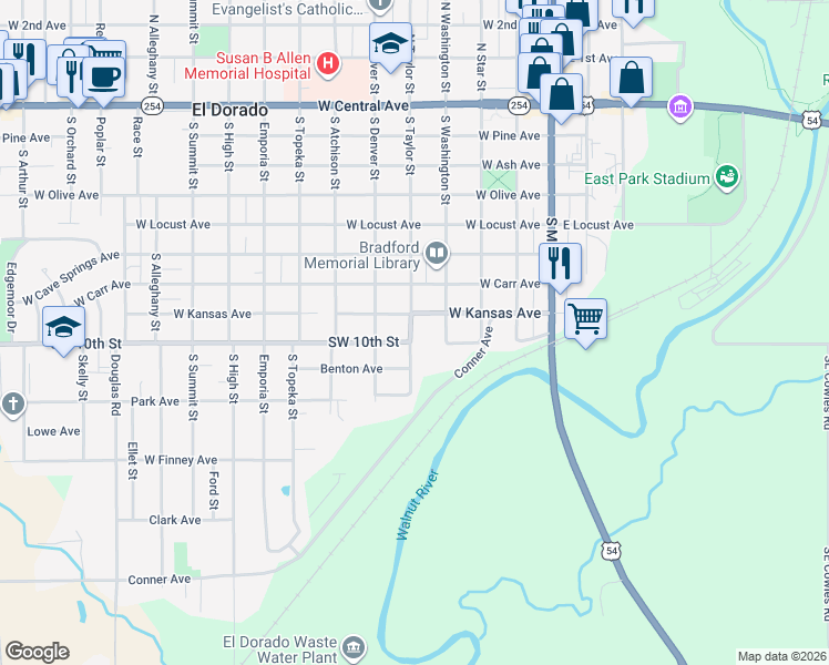 map of restaurants, bars, coffee shops, grocery stores, and more near 826 South Taylor Street in El Dorado