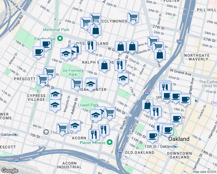 map of restaurants, bars, coffee shops, grocery stores, and more near 954 16th Street in Oakland