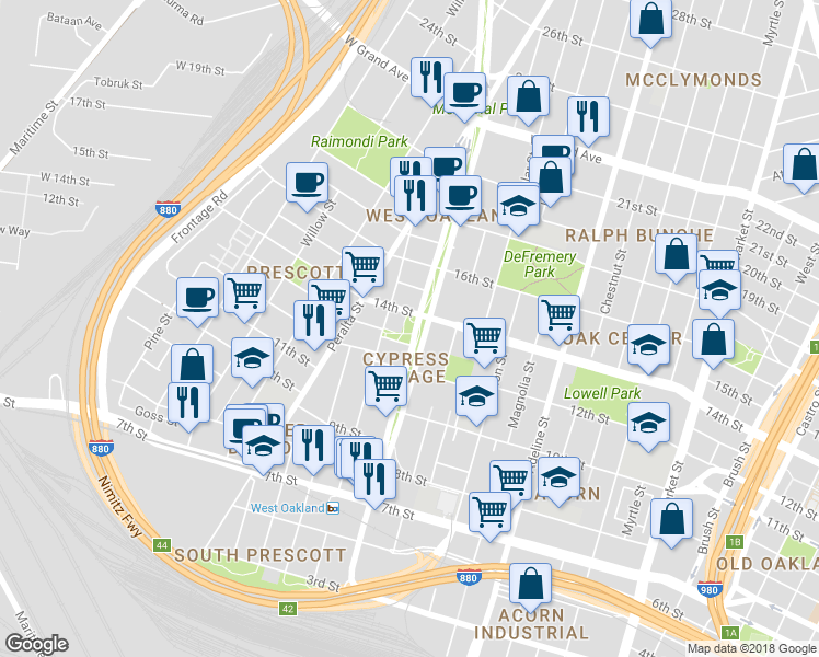 map of restaurants, bars, coffee shops, grocery stores, and more near 1301 Mandela Parkway in Oakland