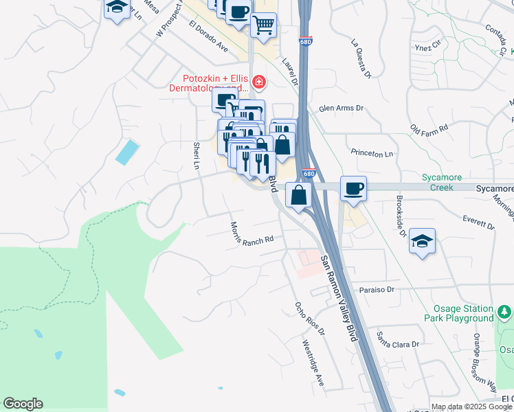 map of restaurants, bars, coffee shops, grocery stores, and more near 201 Sycamore Valley Road in Danville