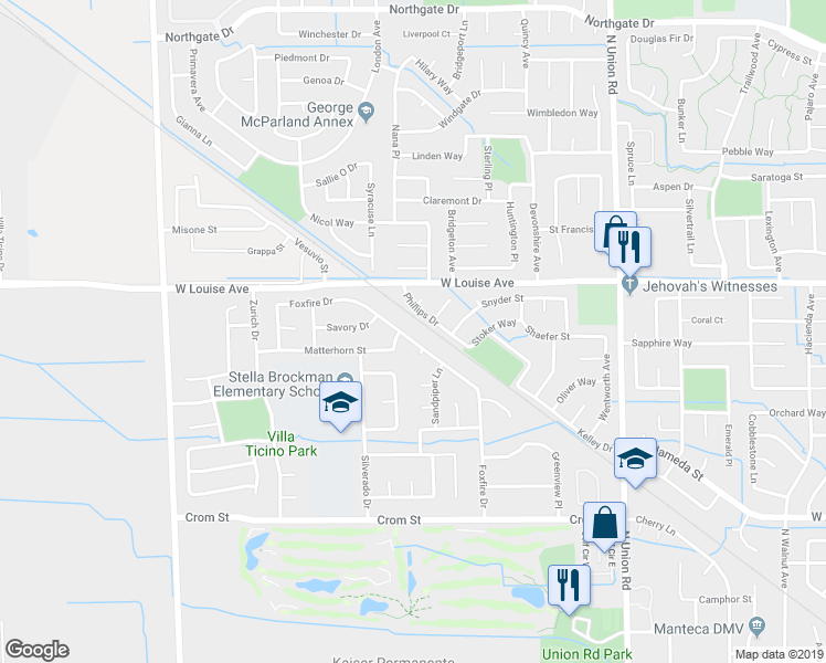 map of restaurants, bars, coffee shops, grocery stores, and more near 990 Foxfire Drive in Manteca