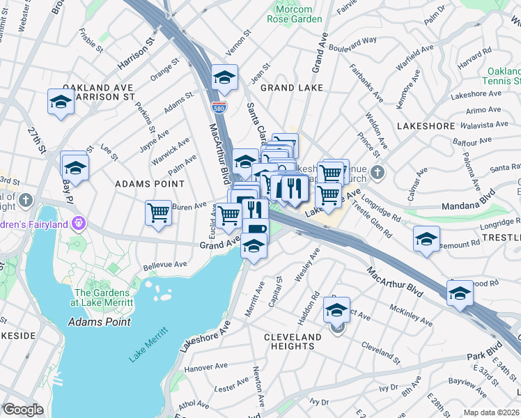 map of restaurants, bars, coffee shops, grocery stores, and more near MacArthur Boulevard in Oakland