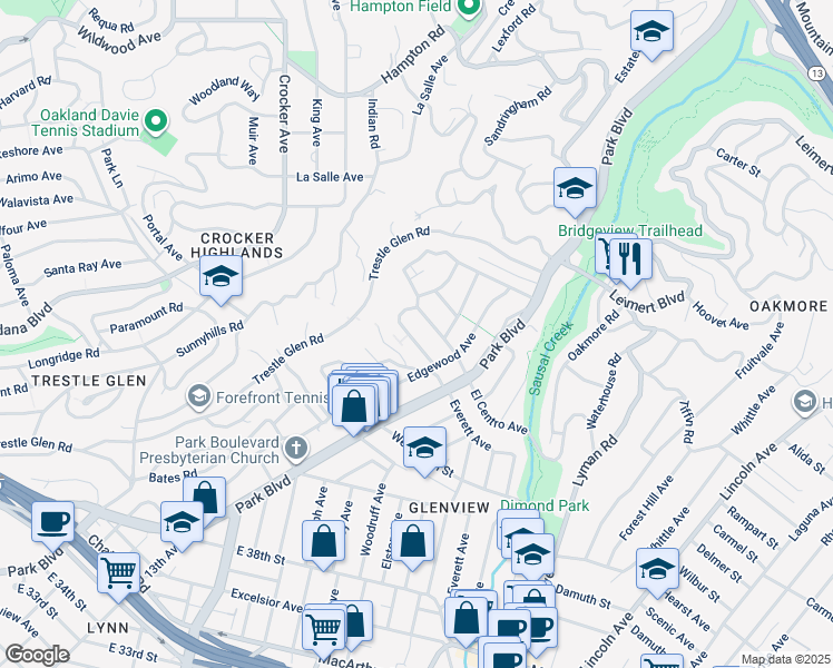 map of restaurants, bars, coffee shops, grocery stores, and more near 1106 Glendora Avenue in Oakland