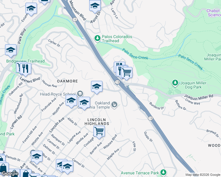 map of restaurants, bars, coffee shops, grocery stores, and more near 4771 Lincoln Avenue in Oakland
