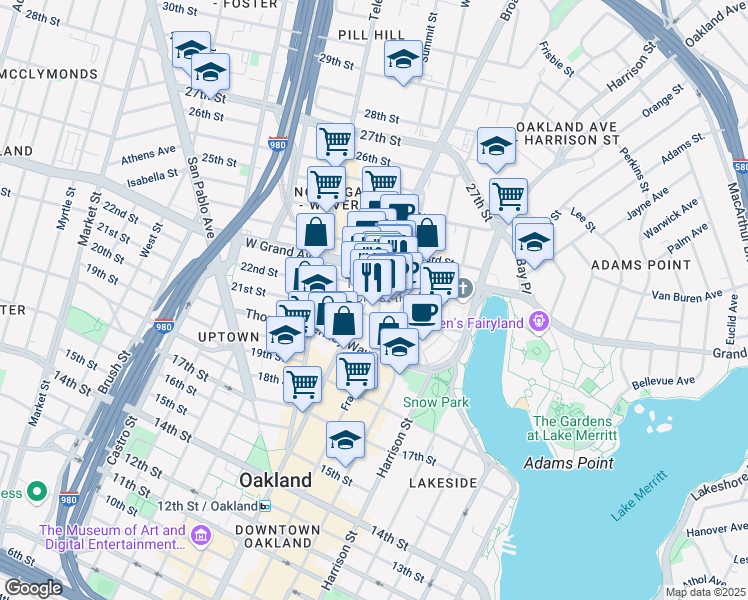 map of restaurants, bars, coffee shops, grocery stores, and more near 41 Grand Avenue in Oakland