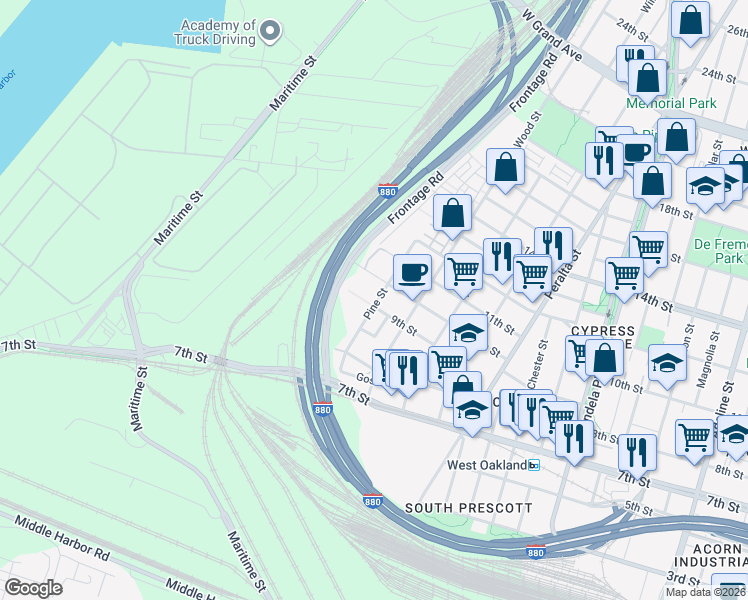 map of restaurants, bars, coffee shops, grocery stores, and more near 1822 9th Street in Oakland