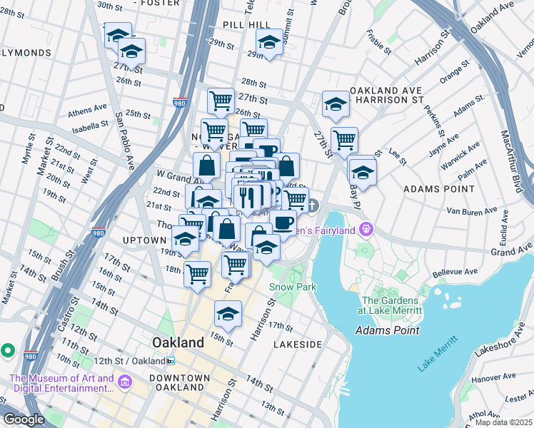map of restaurants, bars, coffee shops, grocery stores, and more near 2101 Webster Street in Oakland