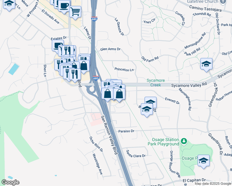 map of restaurants, bars, coffee shops, grocery stores, and more near 720 Camino Ramon in Danville