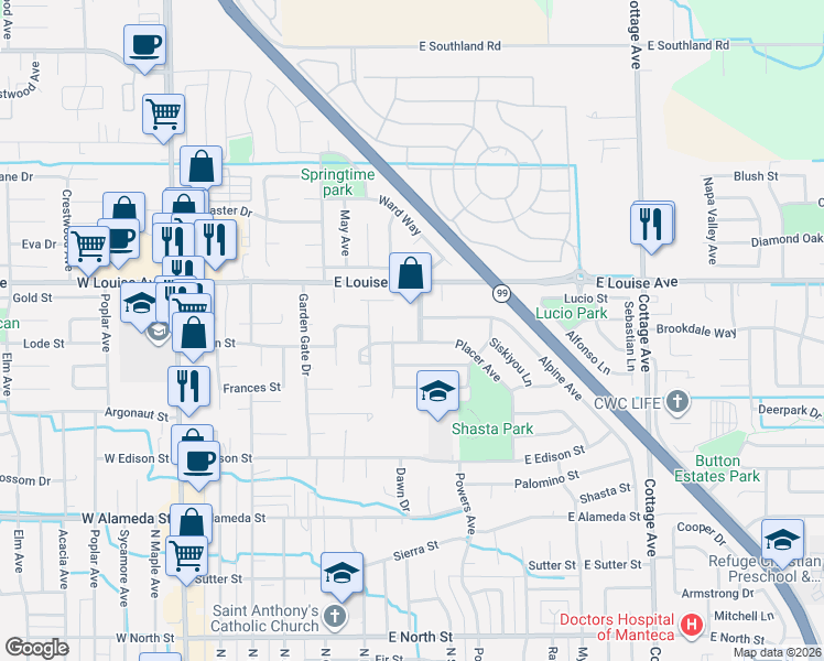 map of restaurants, bars, coffee shops, grocery stores, and more near 953 Souza Boulevard in Manteca