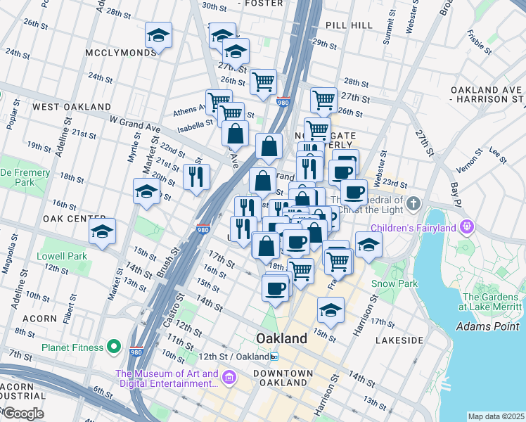 map of restaurants, bars, coffee shops, grocery stores, and more near 630 Thomas L Berkley Way in Oakland