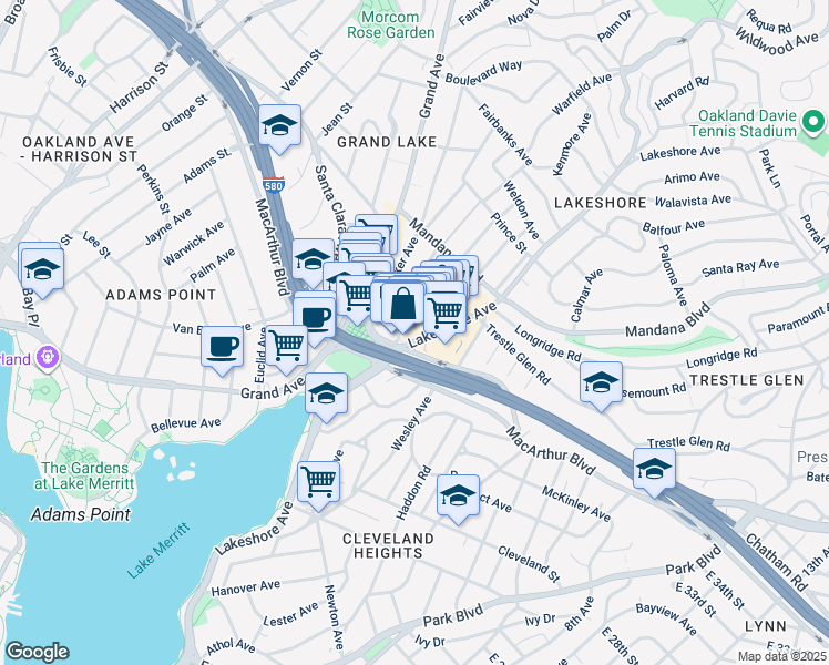 map of restaurants, bars, coffee shops, grocery stores, and more near 3227 Lakeshore Avenue in Oakland