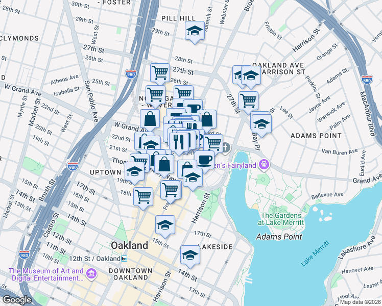 map of restaurants, bars, coffee shops, grocery stores, and more near 2101 Webster Street in Oakland