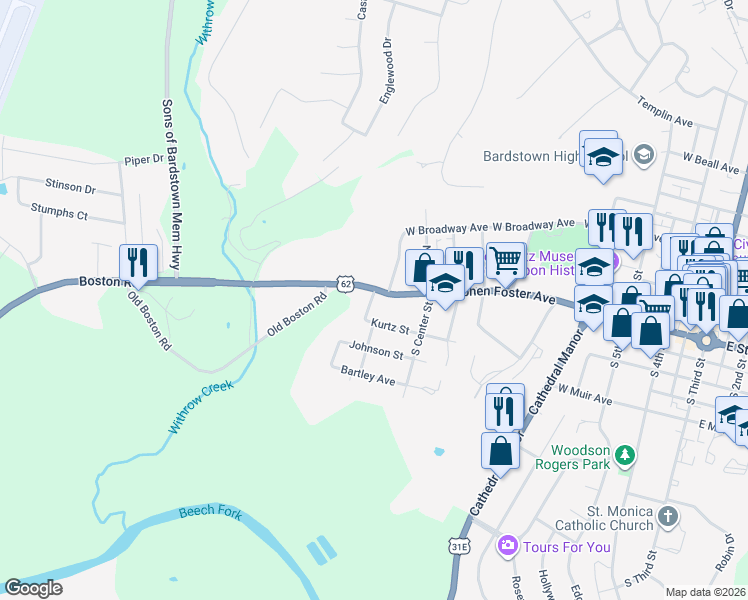 map of restaurants, bars, coffee shops, grocery stores, and more near 811 West Stephen Foster Avenue in Bardstown