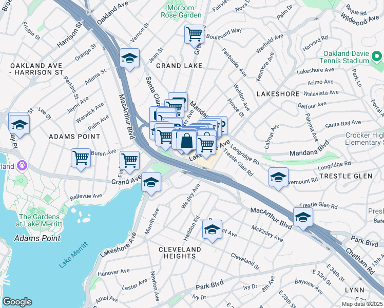 map of restaurants, bars, coffee shops, grocery stores, and more near 3227 Lakeshore Avenue in Oakland