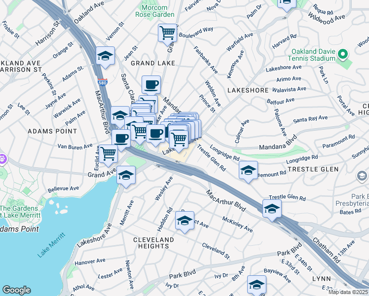 map of restaurants, bars, coffee shops, grocery stores, and more near 3300 Lakeshore Avenue in Oakland