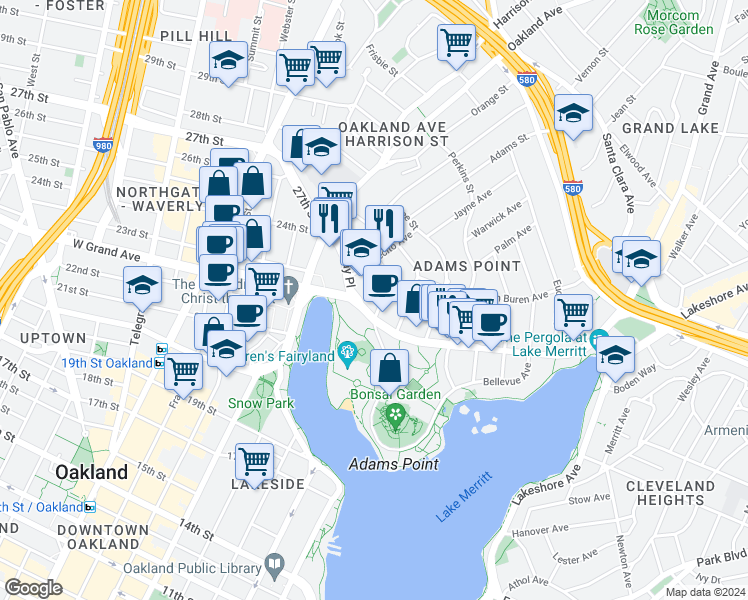map of restaurants, bars, coffee shops, grocery stores, and more near 330 Park View Terrace in Oakland
