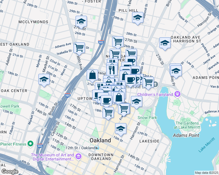 map of restaurants, bars, coffee shops, grocery stores, and more near 510 21st Street in Oakland