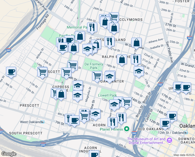 map of restaurants, bars, coffee shops, grocery stores, and more near 1511 Adeline Street in Oakland