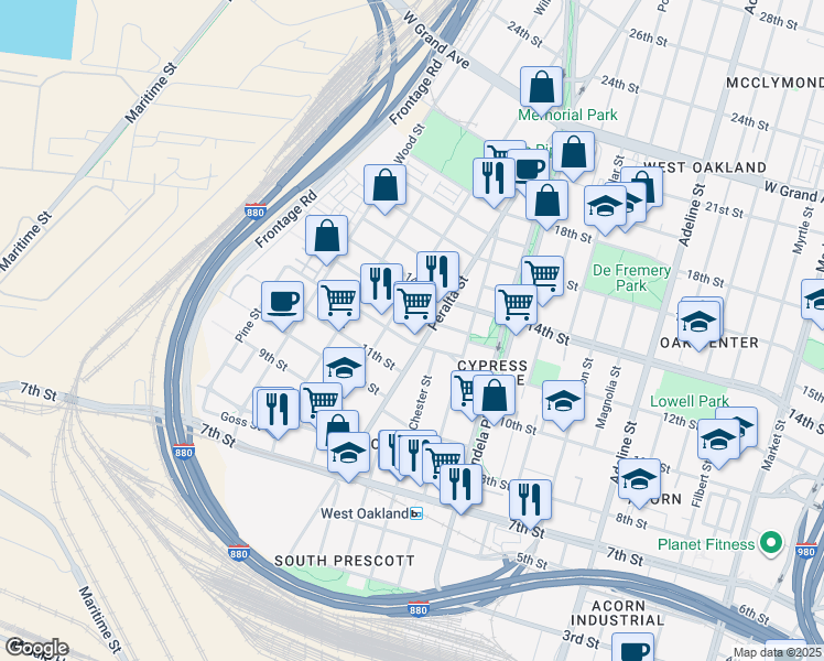 map of restaurants, bars, coffee shops, grocery stores, and more near 1219 Peralta Street in Oakland