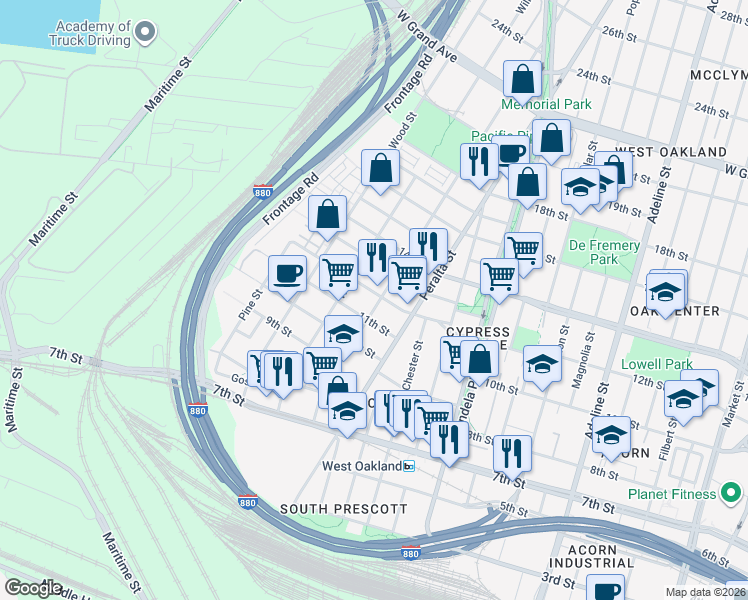 map of restaurants, bars, coffee shops, grocery stores, and more near 1657 12th Street in Oakland