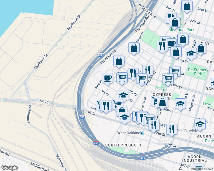 map of restaurants, bars, coffee shops, grocery stores, and more near 1773 10th Street in Oakland