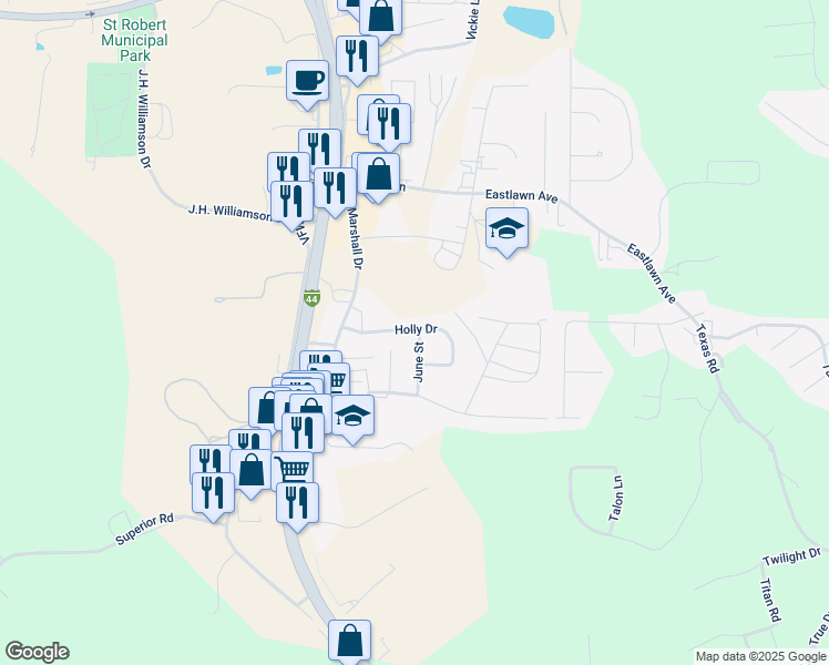 map of restaurants, bars, coffee shops, grocery stores, and more near 121 Holly Drive in Saint Robert