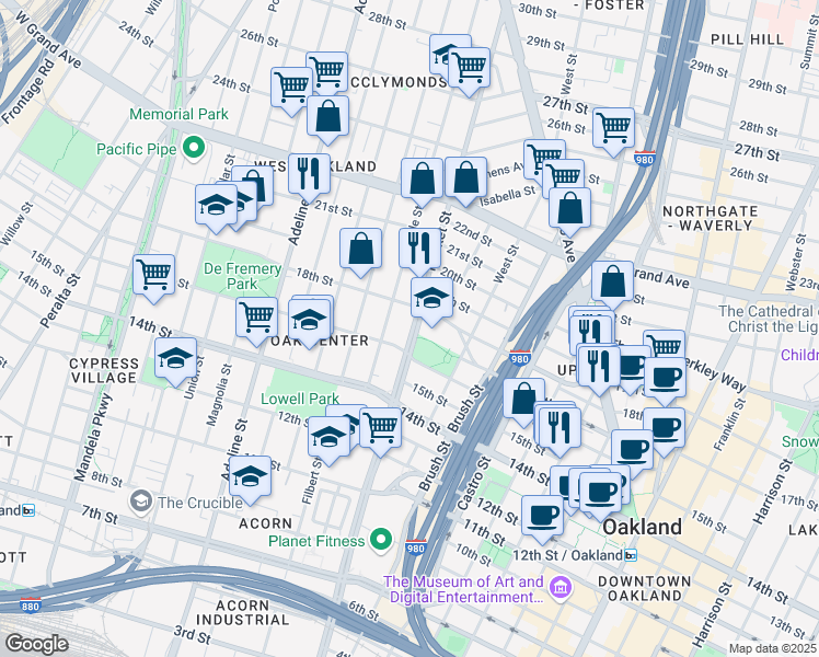 map of restaurants, bars, coffee shops, grocery stores, and more near 1621 Market Street in Oakland