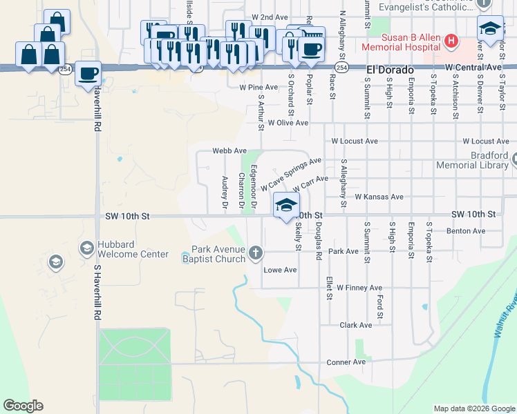 map of restaurants, bars, coffee shops, grocery stores, and more near 805 Sunset Lane in El Dorado
