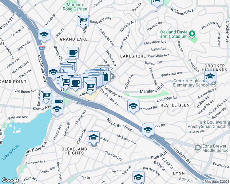 map of restaurants, bars, coffee shops, grocery stores, and more near 654 Longridge Road in Oakland