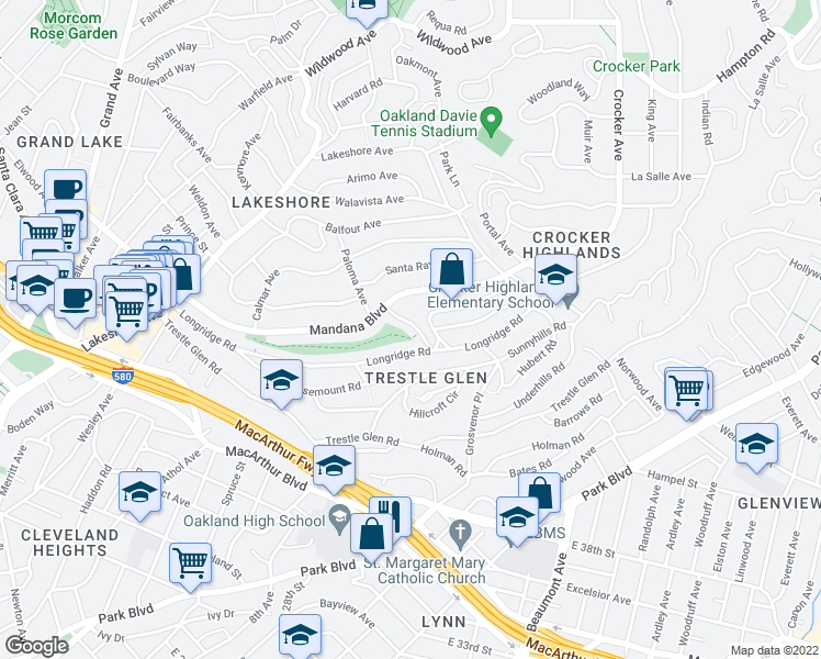 map of restaurants, bars, coffee shops, grocery stores, and more near 641 Paloma Avenue in Oakland