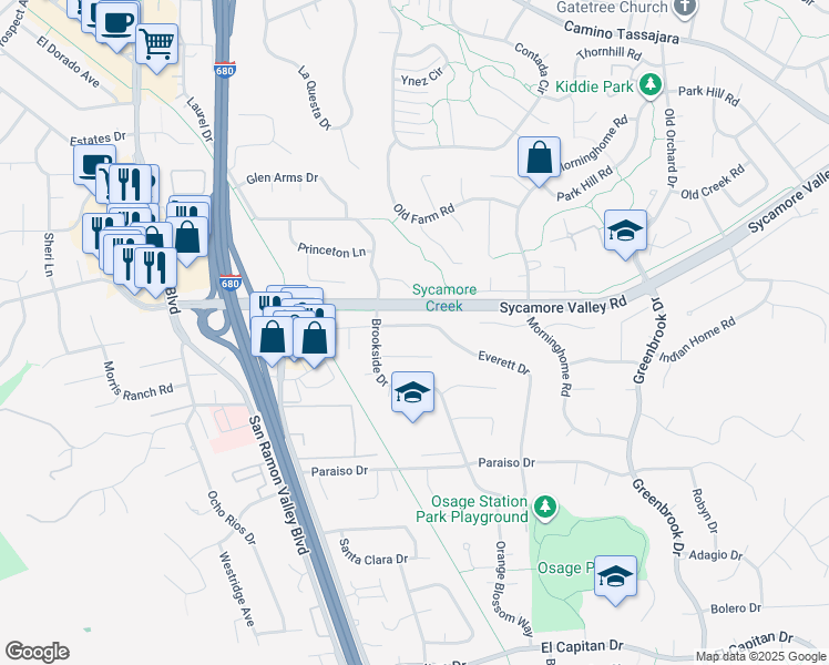 map of restaurants, bars, coffee shops, grocery stores, and more near 433 Everett Drive in Danville