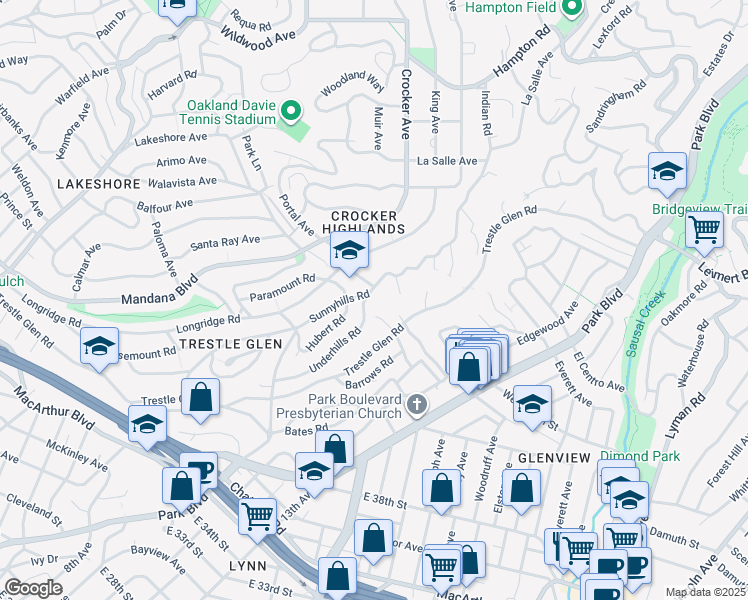 map of restaurants, bars, coffee shops, grocery stores, and more near 1 Hillwood Place in Oakland