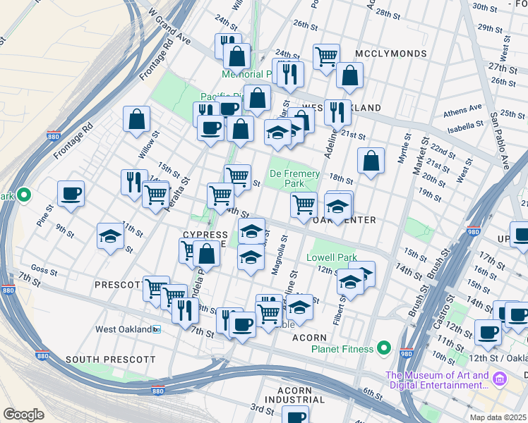 map of restaurants, bars, coffee shops, grocery stores, and more near in Oakland