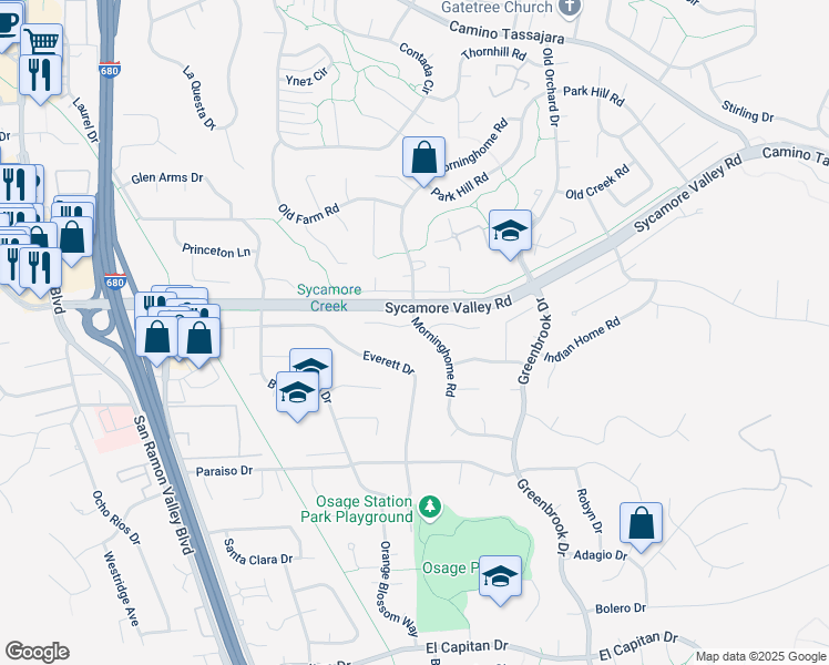 map of restaurants, bars, coffee shops, grocery stores, and more near 101 Golden Hills Court in Danville