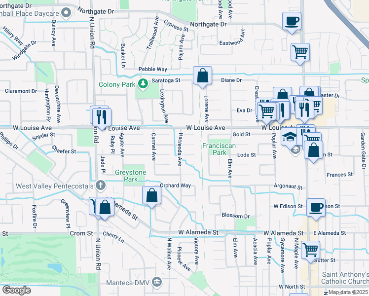 map of restaurants, bars, coffee shops, grocery stores, and more near 778 Rancho Court in Manteca