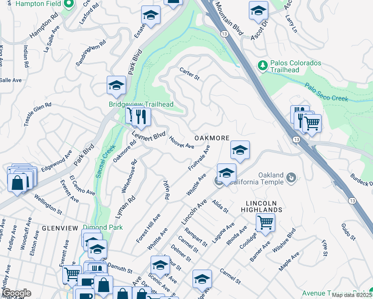 map of restaurants, bars, coffee shops, grocery stores, and more near 1971 Hoover Avenue in Oakland