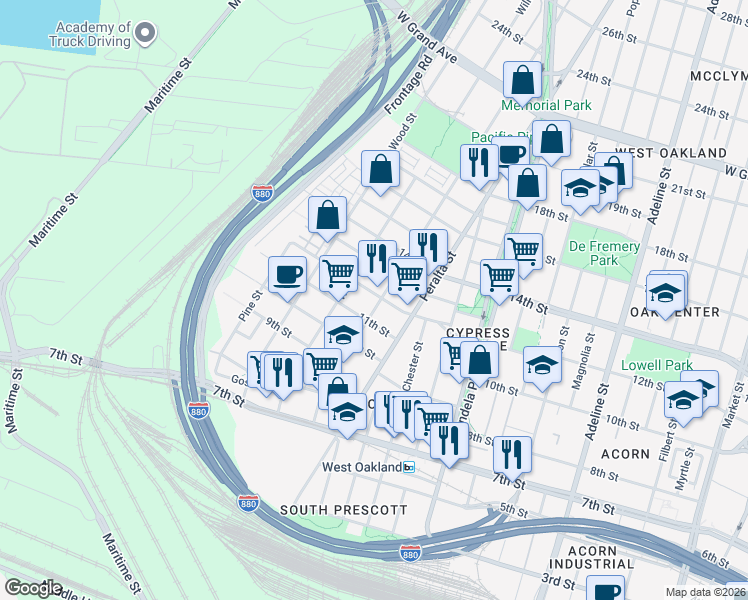 map of restaurants, bars, coffee shops, grocery stores, and more near 1657 12th Street in Oakland