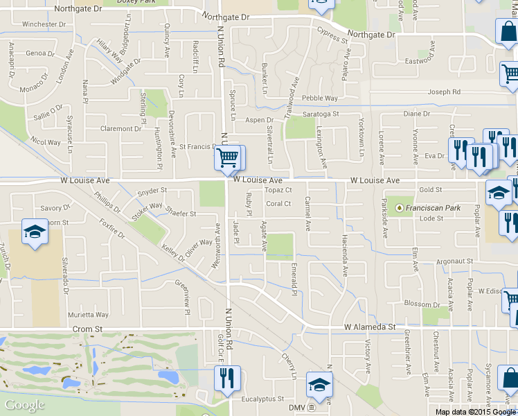 map of restaurants, bars, coffee shops, grocery stores, and more near 965 Agate Avenue in Manteca