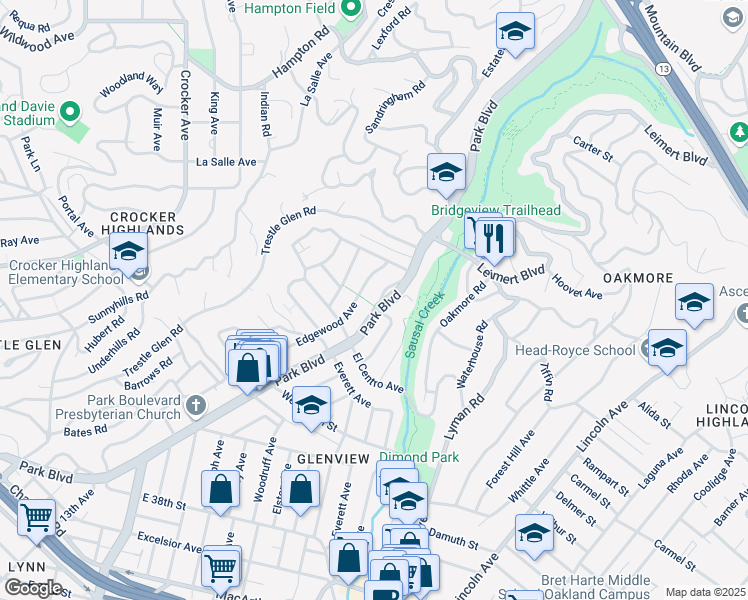map of restaurants, bars, coffee shops, grocery stores, and more near 4655 Park Boulevard in Oakland