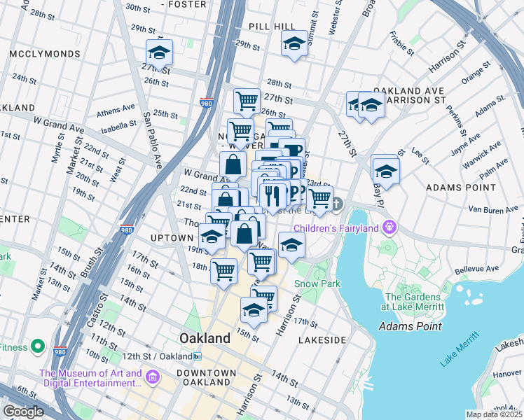 map of restaurants, bars, coffee shops, grocery stores, and more near 2127 Broadway in Oakland