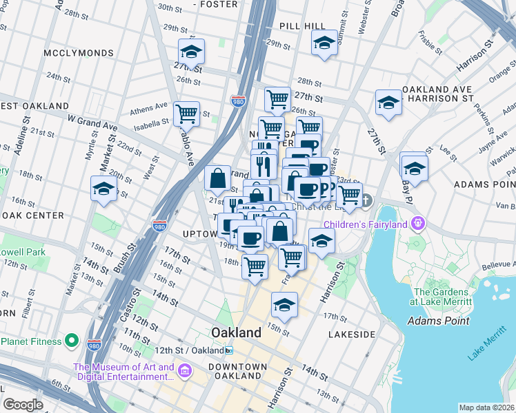 map of restaurants, bars, coffee shops, grocery stores, and more near 510 21st Street in Oakland