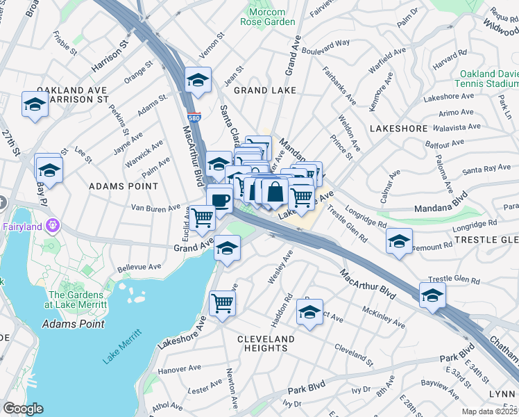 map of restaurants, bars, coffee shops, grocery stores, and more near 500 Lake Park Avenue in Oakland
