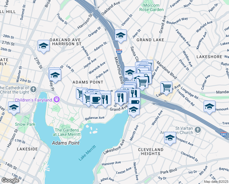map of restaurants, bars, coffee shops, grocery stores, and more near in Oakland