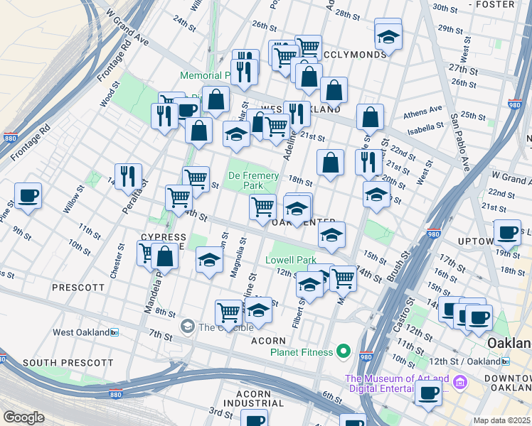 map of restaurants, bars, coffee shops, grocery stores, and more near 1511 Adeline Street in Oakland